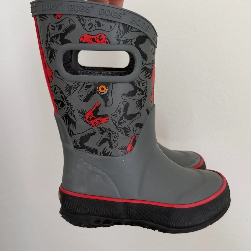 BOGS Kids Gray and Red Dinosaur Rain Boots